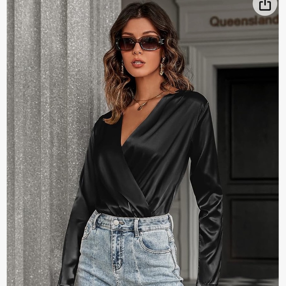 Women's Bodysuit Top Satin Long Sleeve V Neck Snap Closure